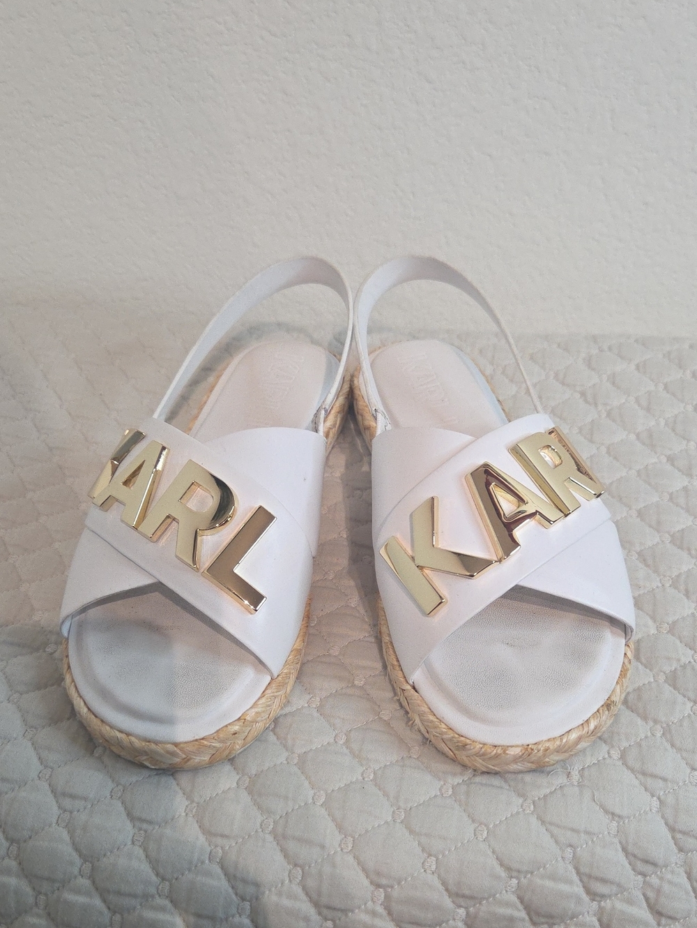 Karl Lagerfeld White Espadrille Slides with Gold KARL Plaque
